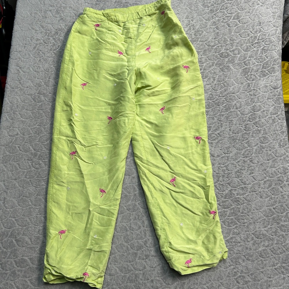 SILKLAND Flamingo Embroidered Silk Cropped Pants Women's Size 4 Lime Green